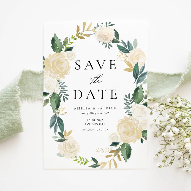 Ivory Floral Wreath mit Grün Save the Date Ankündigungspostkarte (Modern QR code save the date postcard with ivory flowers, greenery, and gold foil accents.)