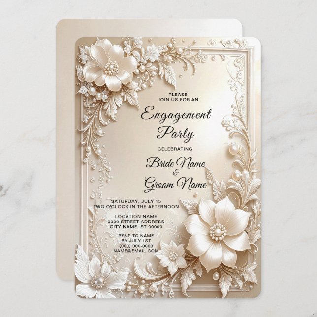 Ivory Flowers Engagement Invitation (Devant / Derrière)