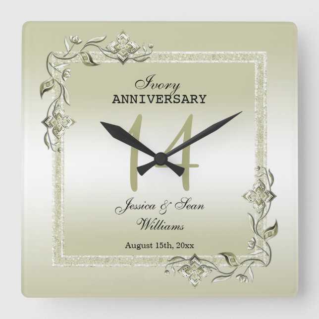 Ivory Gem & Glitter 14th Wedding Anniversary  Quadratische Wanduhr (Vorderseite)