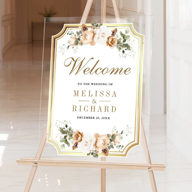 Ivory Gold Christmas Floral Wedding Welcome Acrylschild (Von Creator hochgeladen)