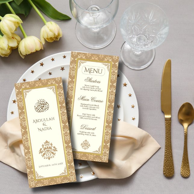 Ivory Gold Damask Elegance Islamische Hochzeit Menükarte (Von Creator hochgeladen)