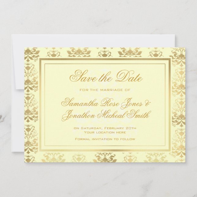 Ivory & Gold Damask Save the Date (Vorderseite)