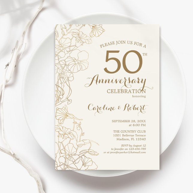 Ivory Gold Floral 50 Jahre Jubiläum Einladung (Von Creator hochgeladen)