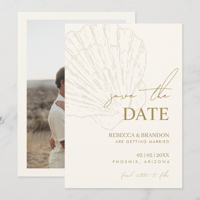 Ivory & Gold Hand Drawn Coastal Seashell Wedding Save The Date (Vorne/Hinten)