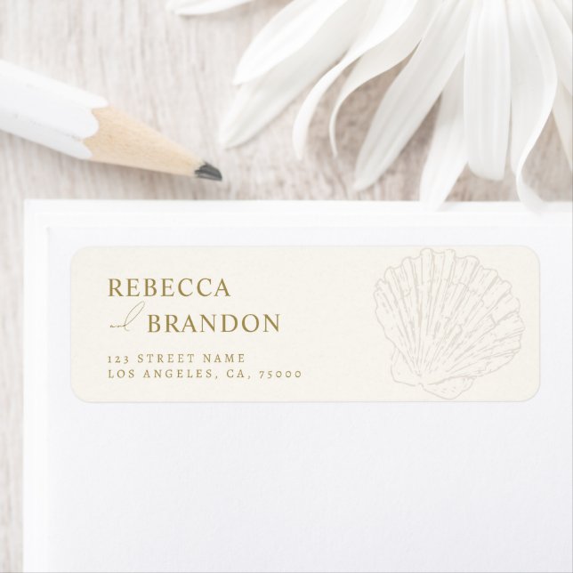 Ivory & Gold Hand Drawn Seashell Wedding Address (Insitu)