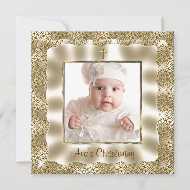 Ivory Gold Lace Baby Foto Taufe Christening Karte (Vorderseite)