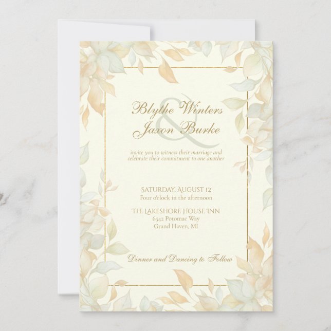 Ivory Gold Leafy Border Botanical Elegant Wedding Einladung (Vorderseite)