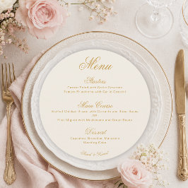 Ivory Gold Simple Elegante Script Round Wedding Menükarte