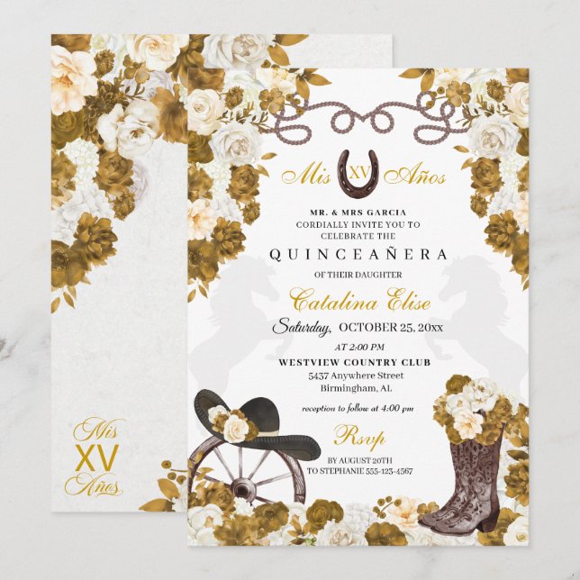 Ivory Gold Western Charro Boots Quinceanera Einladung (Vorne/Hinten)