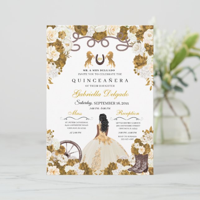 Ivory & Gold Western Charro Cowgirl Quinceanera Einladung (Stehend Vorderseite)