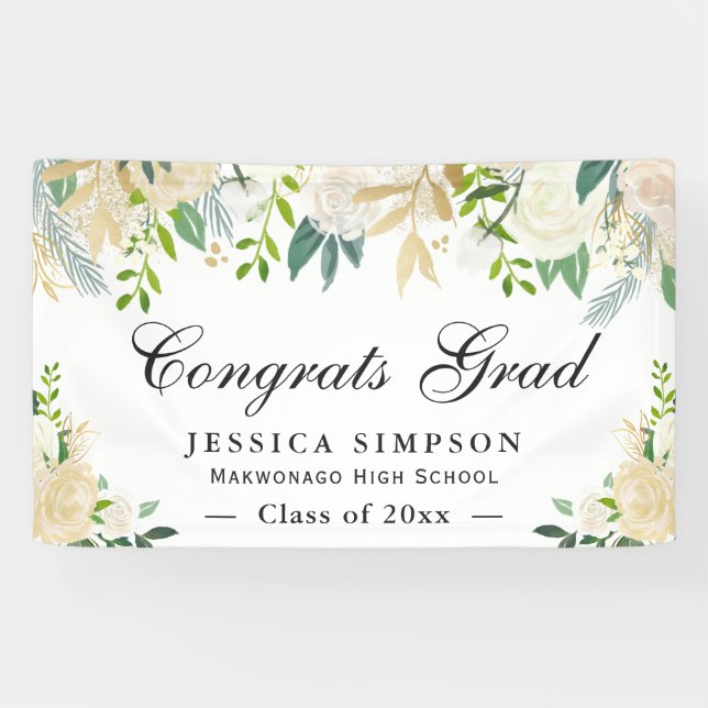 Ivory Golden Floral Moderner Abschluss Graduate Banner (Horizontal)
