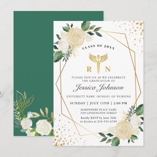 Ivory Golden Floral Nursing School Abschluss Einladung (Vorne/Hinten)