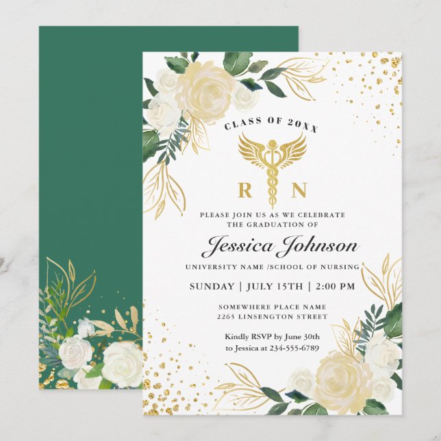 Ivory Golden Floral Nursing School Abschluss Einladung (Vorne/Hinten)