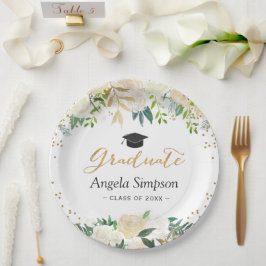 Ivory Green Gold Floral Abschluss Graduate Pappteller