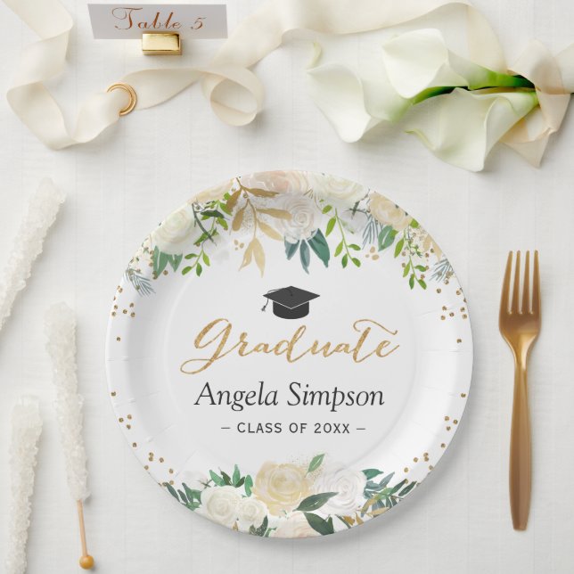 Ivory Green Gold Floral Abschluss Graduate Pappteller (Hochzeit)