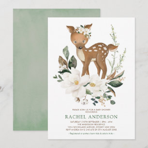 Ivory Green Magnolia Woodland Deer Baby Dusche Einladung