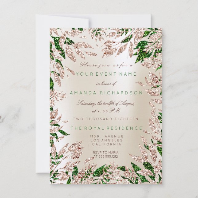 Ivory Green Rose Gold Glitzer Blätter Blumenrahmen Einladung (Vorderseite)