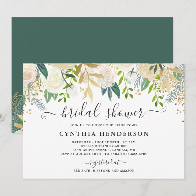 Ivory Greenery Gold Bloom Bloral Brautparty Einladung (Vorne/Hinten)