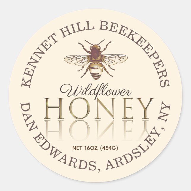 Ivory Honey reflektiert Gold Text Honeybee Label Runder Aufkleber (Vorderseite)