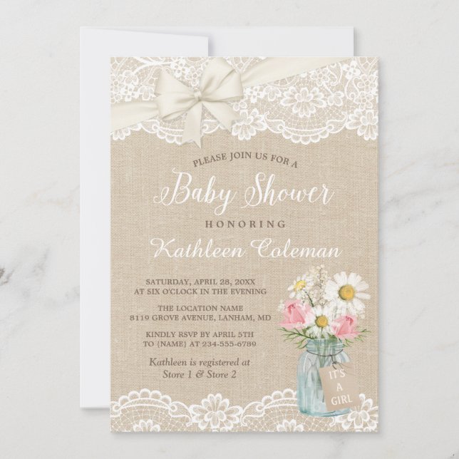 Ivory Lace Burlap Floral Mason Jar Baby Shower Einladung (Vorderseite)