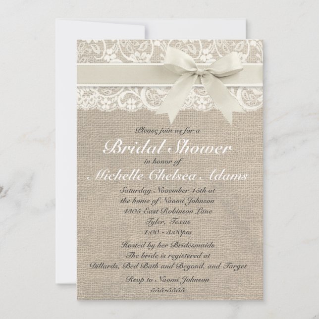 Ivory Lace Burlap Invitation de la douche nuptiale (Devant)