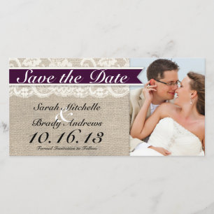 Ivory Lace & Burlap Vintag Save the Date - Pflaume