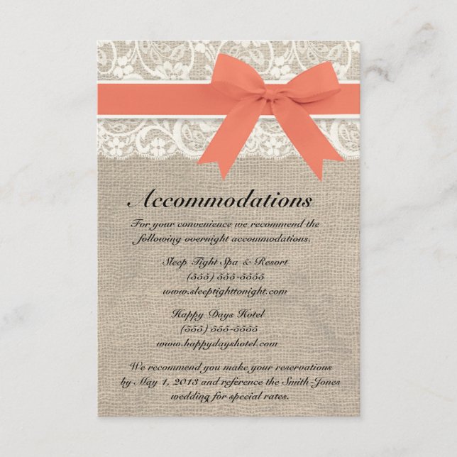 Ivory Lace et Burlap LookCoral Carte d'hébergement (Devant)