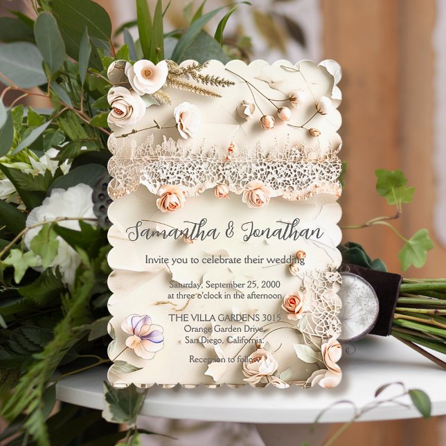 Ivory Lace Floral Photo Romantic Spring Wedding Einladung (Von Creator hochgeladen)