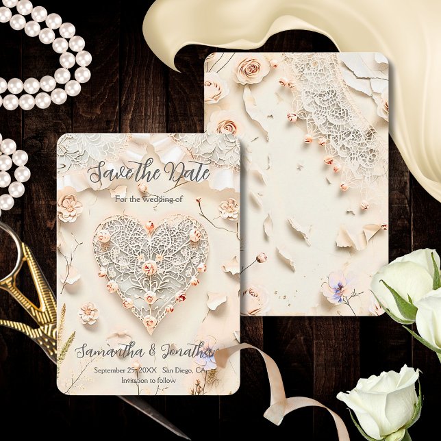 Ivory Lace Heart Floral Romantic Spring Softly Save The Date (Von Creator hochgeladen)