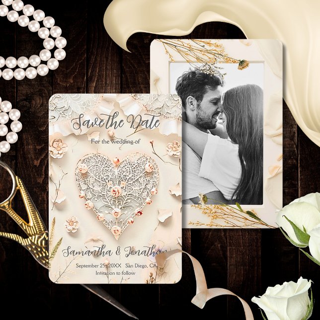 Ivory Lace Heart Photo Floral Romantic Spring Save The Date (Von Creator hochgeladen)
