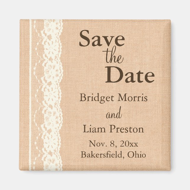 Ivory Lace & Light Burlap Save the Date Magnet (Vorne)