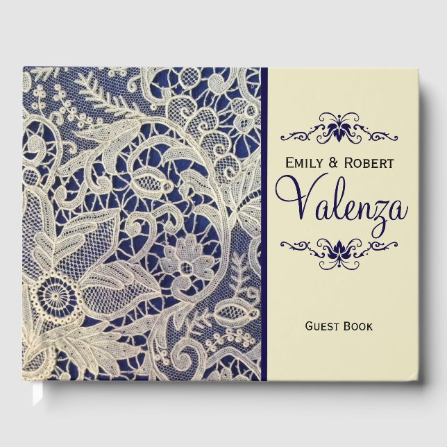 Ivory Lace Navy Blue Elegant Wedding | Gästebuch (Vorderseite)