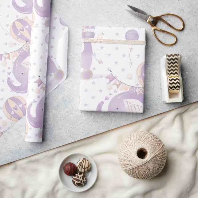 Ivory Lavender Elephant Balloon Baby Girl Dusche Geschenkpapier (Kunsthandwerk)