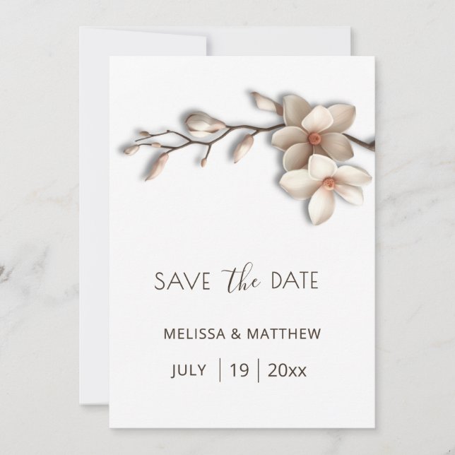 Ivory Magnolia 3D Flowers Save The Date (Vorderseite)