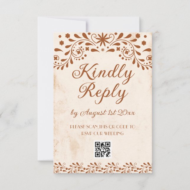 Ivory Mexican Floral Wedding QR code RSVP Karte (Vorderseite)