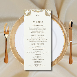 Ivory Monogram Baroque Christian Wedding Menu Menükarte