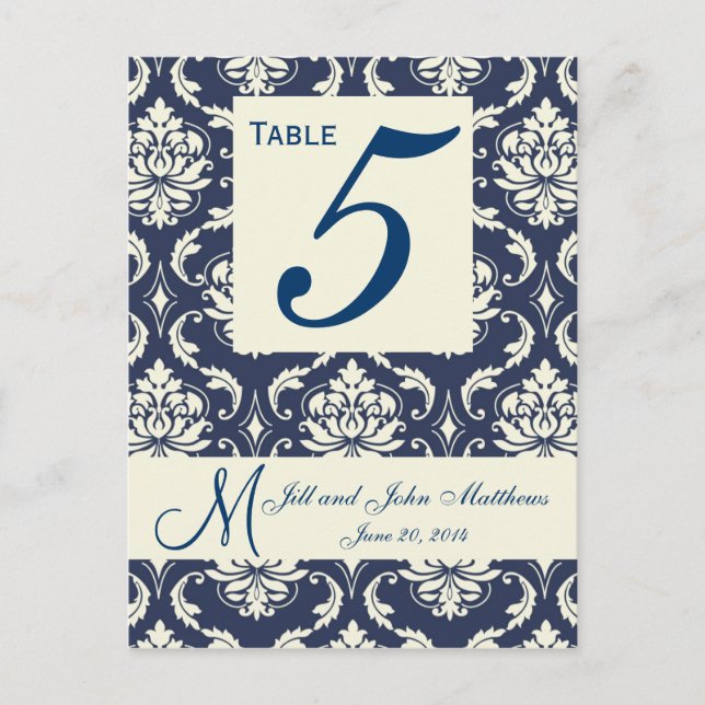 Ivory Navy Mariage damassé Numéro de table (Devant)