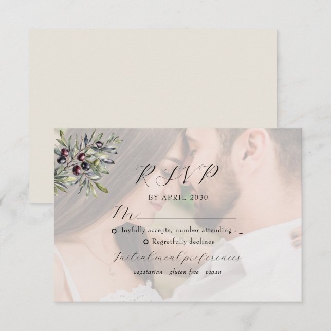 Ivory Olive Monogram Photo Wedding RSVP Karte (Vorne/Hinten)