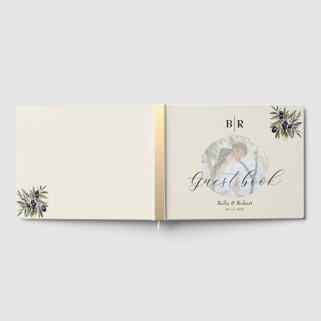 Ivory Olive Photo Monogram Wedding Gästebuch (Voll)