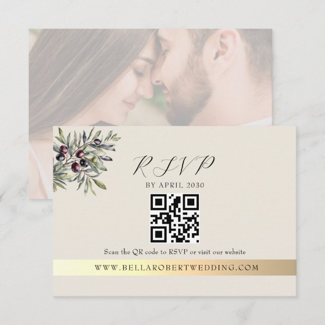 Ivory Olive Photo QR Wedding RSVP Karte (Vorne/Hinten)