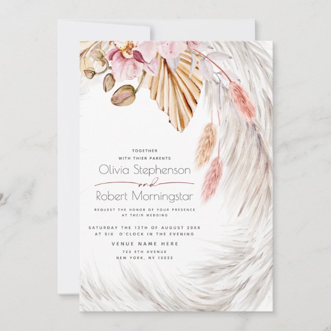 Ivory Pampas Grass Maroon Blush Pink Floral Einladung (Vorderseite)