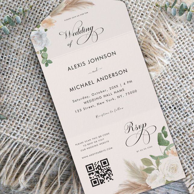 Ivory Pampas Grass Rose & Elegante Script Wedding All In One Einladung (Von Creator hochgeladen)