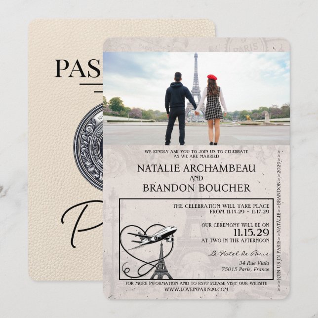 Ivory Paris Passport Wedding Einladung (Vorne/Hinten)