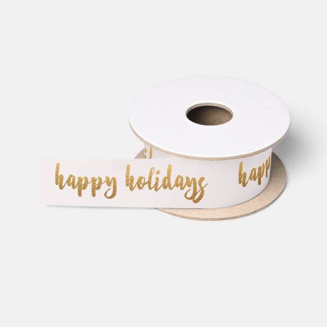 Ivory Pastel Golden Happy Holidays Reinadeer Satinband (Spule)