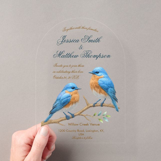 Ivory Pastel Lovebirds Romantische Bluebirds Hochz Acryleinladungen (Insitu (Handheld))
