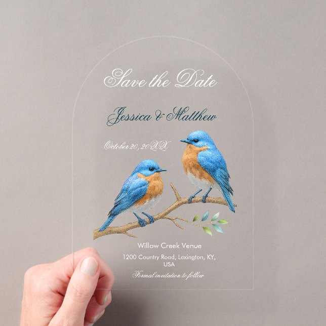 Ivory Pastel Lovebirds Romantische Bluebirds Hochz Acryleinladungen (Insitu (Handheld))