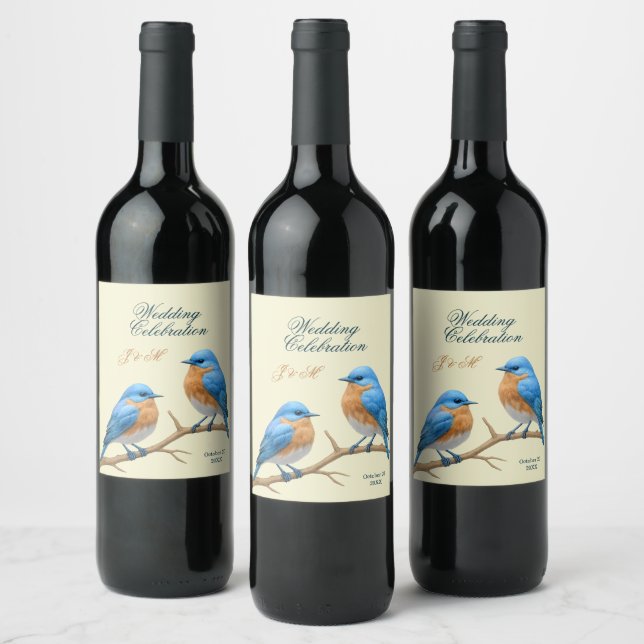 Ivory Pastel Lovebirds Romantische Bluebirds Hochz Weinetikett (Flaschen)