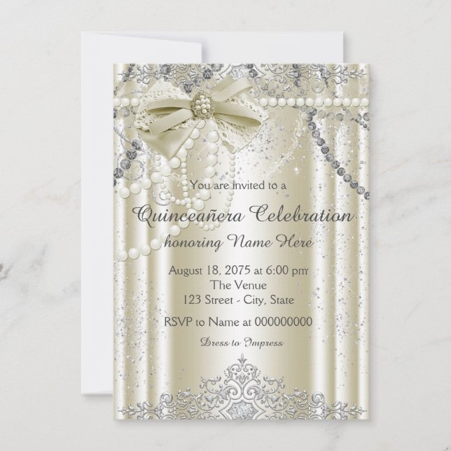 Ivory Pearl Quinceanera Einladung (Vorderseite)