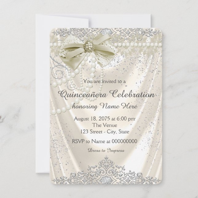 Ivory Pearl Satin Quinceanera Einladung (Vorderseite)