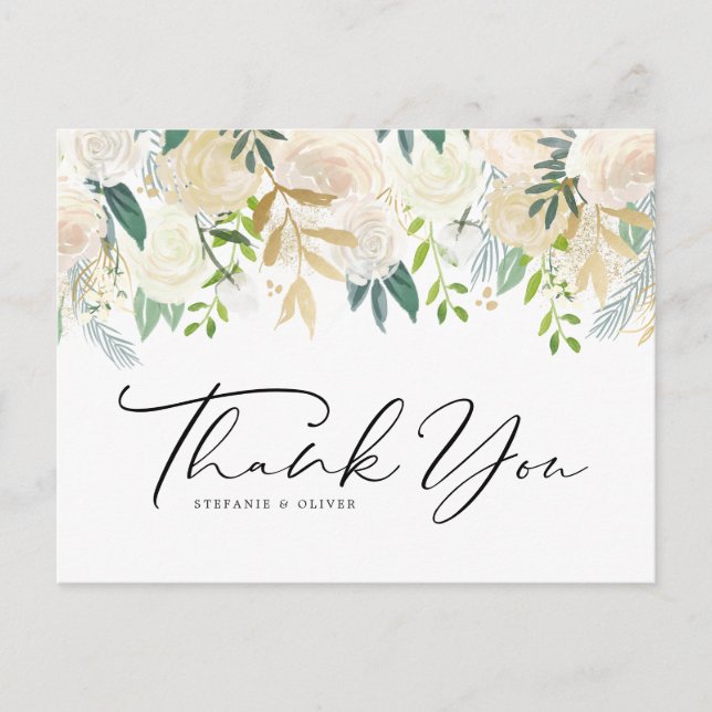 Ivory Peony Blume und Rose Hochzeit Vielen Dank Postkarte (Vorderseite)